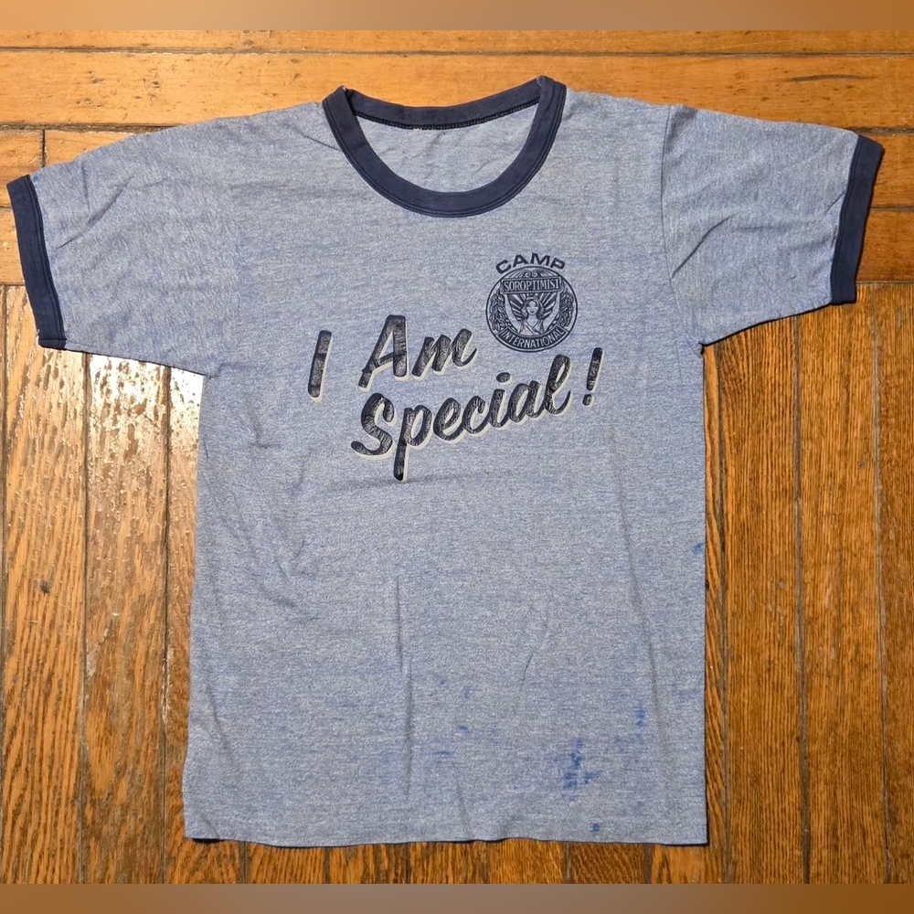 VTG 70s "I Am Special" Ringer Camp T-shirt S